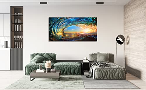 S06775 Giant Wave Water Wall Art Canvas Prints 1 Panels Ocean Waves Pictures Paintings with Sunset Blue Seascape Framed for Living Room Bedroom Kicthen Office Artwork