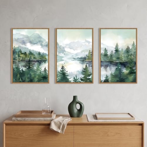 Watercolor Mountain Forest Framed Canvas Wall Art Set