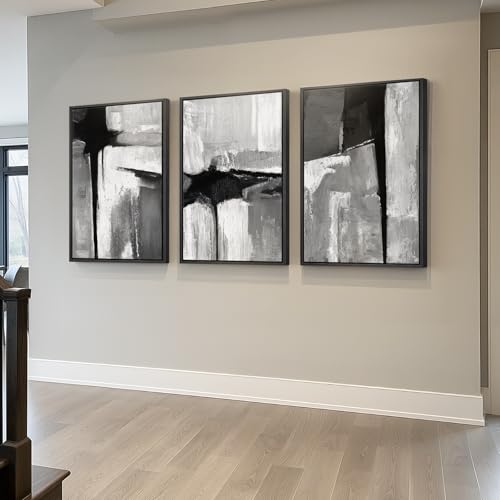Large Framed Black White Gray Abstract Wall Art for Living Room
