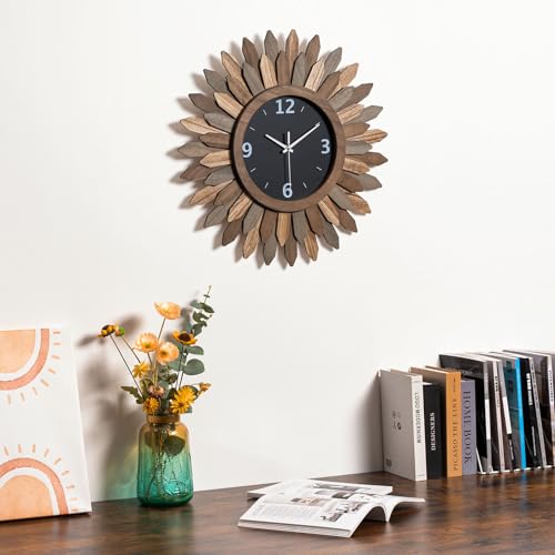 Large Wall Clock Battery Operated 21 in Rustic Wood Boho Sunburst Decorative Wall Clock Silent Non Ticking Farmhouse Wall Clocks for Living Room Bedroom Kitchen Bathroom Decor