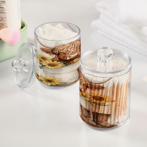 2 Pack Qtip Holder Organizer Dispenser Watercolor Sunflower Highland Cow Bathroom Storage Canister Cotton Ball Holder Container for Cotton Pads (2 Count)