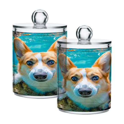 2 Pack Qtip Holder Organizer Dispenser Corgi Dog Underwater Bathroom Storage Canister Cotton Ball Holder Container for Cotton Pads (2 Count)