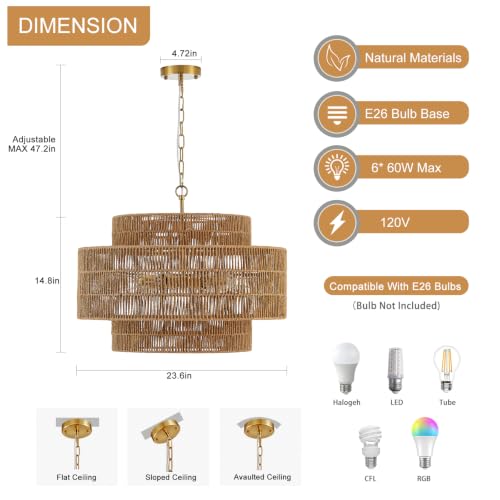 23.6" Large Gold Rattan Chandelier