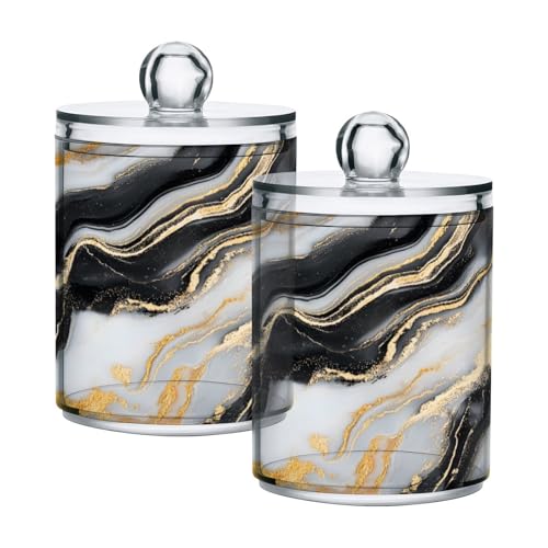 2 Pack Qtip Holder Organizer Dispenser Black Gold Grey Marble Texture Bathroom Storage Canister Cotton Ball Holder Container for Cotton Pads (2 Count)