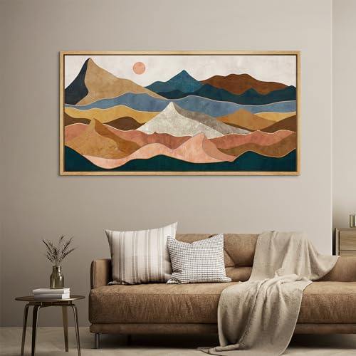 Extra Large Framed Canvas Print Wall Art Desert Peaks Colorful Geometric Mountain Illustrations Antique Retro Fine Art Illustrations Decorative Colorful for Bedroom