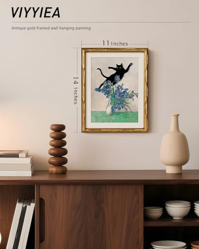 Gold Bamboo Framed Cat Wall Art Naughty Cat Painting 11x14 Inch