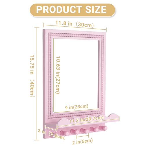 16x12 Inch Wall Mount Beaded Wood Framed Mirror with Shelf and 6 Hooks