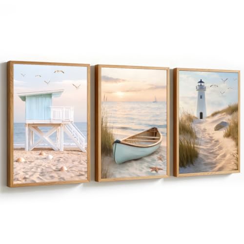 KAlRNE Beach Room Photo Framed Coastal Decor Ocean Wall Art Set (3 Count)