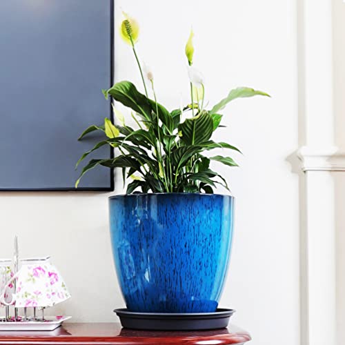 Garden Plastic Round 11.8" Diameter 12" Tall Planter Resin Glazed Faux Ceramic Flower Pots Drainage Hole with Saucer Decorative Pot 15580
