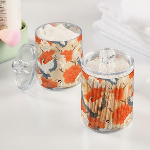 2 Pack Qtip Holder Organizer Dispenser Cranes Orange Flowers Bathroom Storage Canister Cotton Ball Holder Container for Cotton Pads (2 Count)