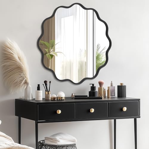 Black Round Mirror 32 Inch Wavy Bathroom Vanity Mirror Black Frame Modern Wall Mirror Decorative Wall