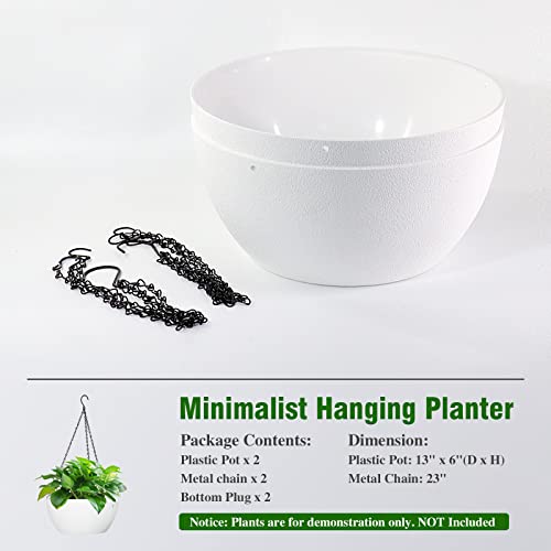 13 inch Large Hanging Planters Plant Pots for Outdoor Indoor Plants with Drainage Holes and Chain (2 Count)