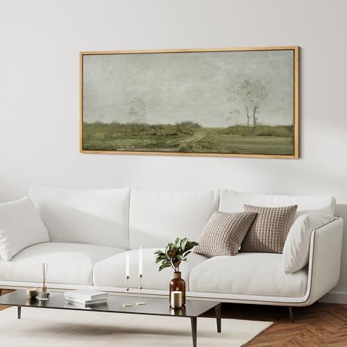 Extra Large Framed Canvas Print Wall Art Soft Pastoral Landscape Wall Art with Trees Antique Retro Fine Art Illustrations Decorative Colorful for Bedroom