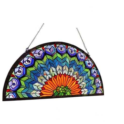W10034 Blue Peacock Feather Tiffany Style Stained Glass Window Panel