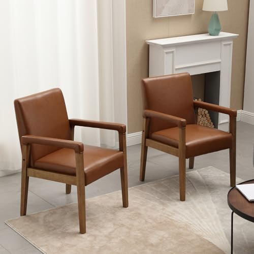 Modern Dining Chairs Set of 4 Faux Leather Kitchen Arm Chairs Upholstered Accent Chairs with Wooden Legs for Dining Room