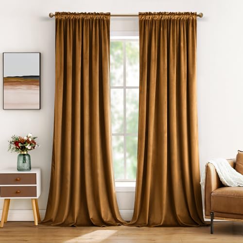 Golden Brown Blackout Velvet Curtains Drapes 90 Inch Long 52"x90" (2 Count)