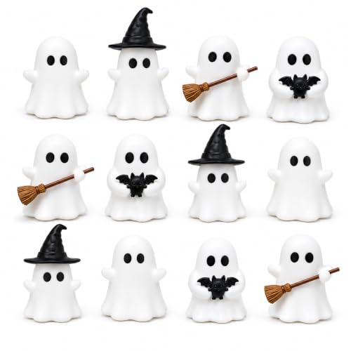 Halloween Shining in The Dark Night Ghost Figurines Cute White Ghost with Black Bat Hat and Broom Tabletop Ornaments Glowing Spooky Decorations for Indoor Home Party Mantel Shelf Desk Decor 12 Pcs