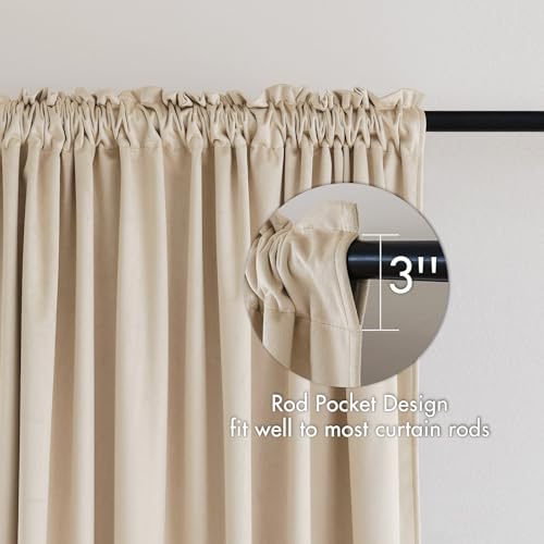 Beige Blackout Velvet Curtains Drapes 96 Inch Long 52"x96" Bedroom (2 Count)