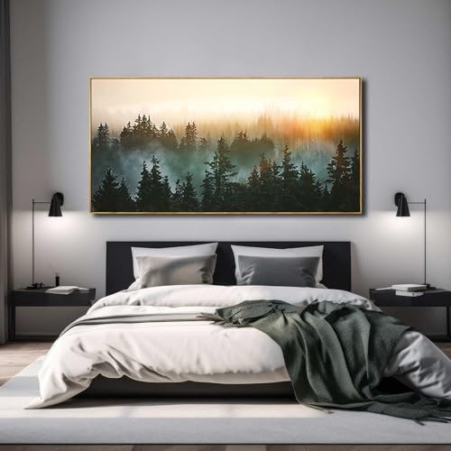 Large Foggy Forest Canvas Wall Art Landscape Mountain Painting 30x60 Inch Framed Wall Art for Bedroom Living Room Kitchen Office