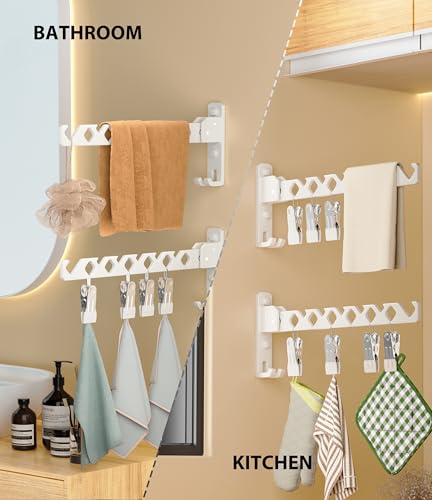 Wall Mount Coat Hanger Holder White Clothes Drying Organizer Rack Garment Hooks Aluminium Retractable Folding Indoor Wall Mounted Hanger Space Saver for Laundry Room Bedroom White 2 Pack with 8 Hooks (2 Count)