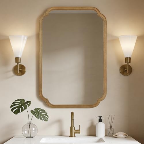 24" x 36" Rounded Corner Arch Wall Mirror with Wood Frame for Entryway