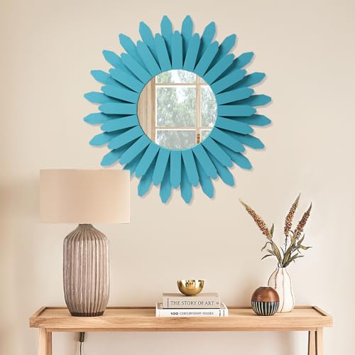 Beach Wall Decor Mirror 21 inch Wood Coastal Wall Decor Sunburst Boho Home Decor Room Decor for Bedroom Living Room Entryway Cyan