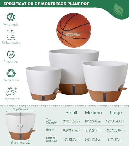 12/10/8 Inch Self Watering Pots for Indoor Plants Plastic Large Pot for Outdoor Plants, Water Level Window & Spacious Reservoir Flower Pots Decorative Planter with Drainage and Tray (White) (3 Count)