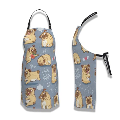 Paint Apron for Men Pug Puppies Dog Cartoon Bull Terrier Funny Aprons for Women for Kitchen Cooking Restaurant BBQ Painting Crafting Gardening 27”