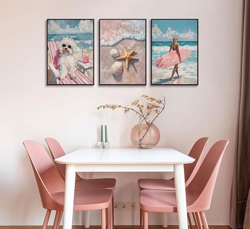 3Pcs Pink Beach Preppy Wall art Retro Beach seashell and starfish poster printing Pink surfboard dog painting wall Decor for Girls Room dormitory apartments Home Decoration Unframed (3 Count)