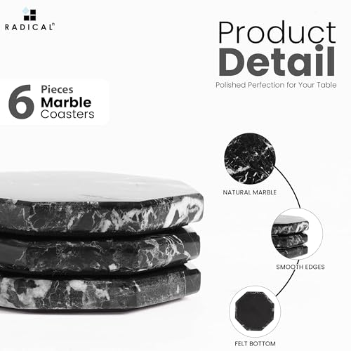 Marble Coasters Set of 6 Black Drink Coasters for Table Decor