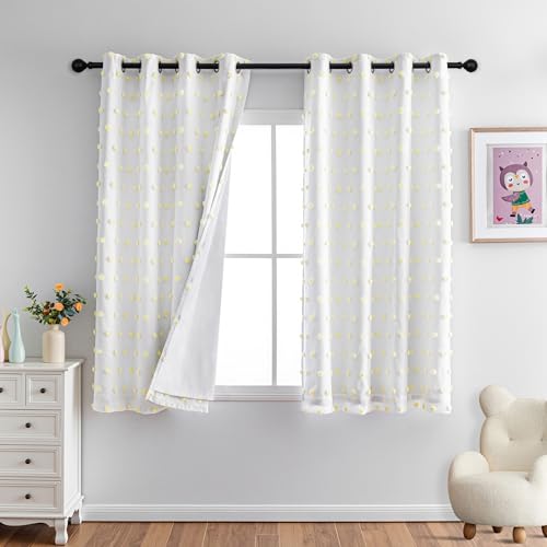 100% Blackout Curtains for Nursery Thermal Insulated Yellow Pom Pom Curtains 63 Inch Length for Girls Bedroom 2 Panels Grommet White Sheer Curtains for Dining Room (2 Count)