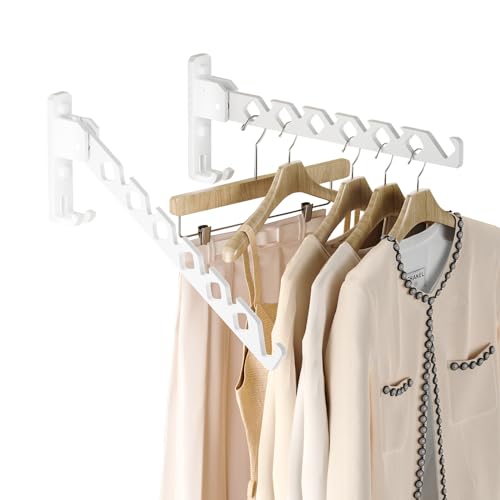 Wall Mount Coat Hanger Holder White Clothes Drying Organizer Rack Garment Hooks Aluminium Retractable Folding Indoor Wall Mounted Hanger Space Saver for Laundry Room Bedroom White 2Pack