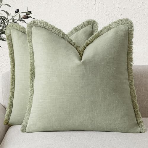 Decorative Linen Fringe Throw Pillow Covers 18×18 Light Green (2 Count)