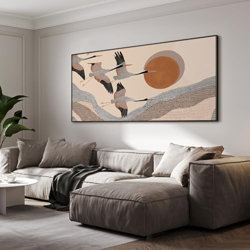 24"x46" Extra Large Framed Wall Art Flying Cranes Over Sunlit Hills Illustration for Home Living Room Bedroom Decor