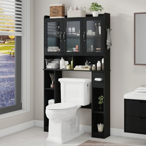 Black Over The Toilet Storage Cabinet with Glass Doors
