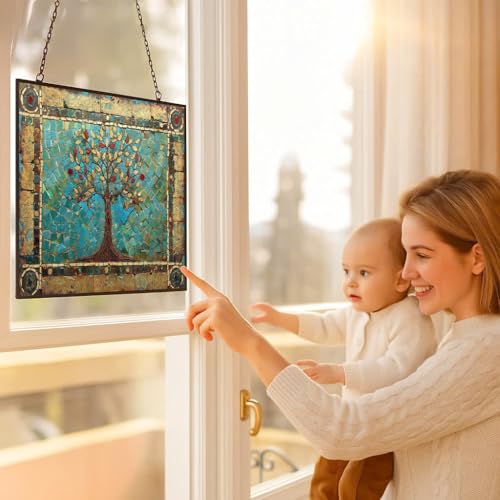 Customized Rectangle Tree of Life Stained Glass Window Hanging Sun Catcher Halloween Haning Ornament Decoration Christmas Birthday Gifts for Lover Friends Mother