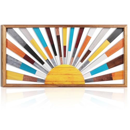 Large Boho Sun Wall Art Framed Wooden Art Wall Decor Rainbow Sun Rising On The Horizon Geometric Line Sunshine Wall Art for Living Room Bedroom Office 16"x32"