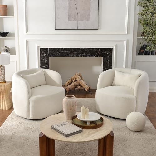 34" W Sherpa Swivel Barrel Chairs with Pillow Set of 2 (2 Count)