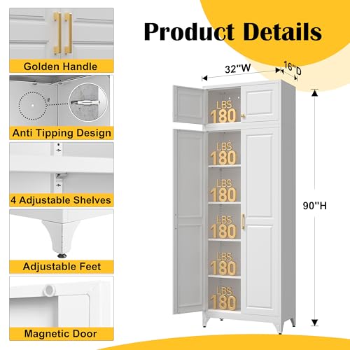 90”Metal Pantry Storage Cabinet with Doors & 4 Adjustable Shelves