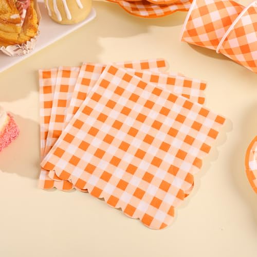 175 Pcs Orange Gingham Plates and Napkins Party Supplies (25 Count)