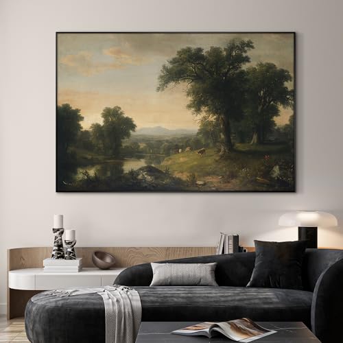 46"x72" Extra Large Framed Wall Art Classic River Valley Landscape Vintage Style Countryside Illustration for Home Living Room Bedroom Decor