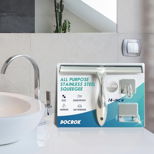 All Purpose Stainless Steel Shower Squeegee for Shower Glass Door with 2 Adhesive Hooks