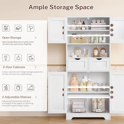 Tall Storage Cabinet with Adjustable Shelf & 2 Drawers