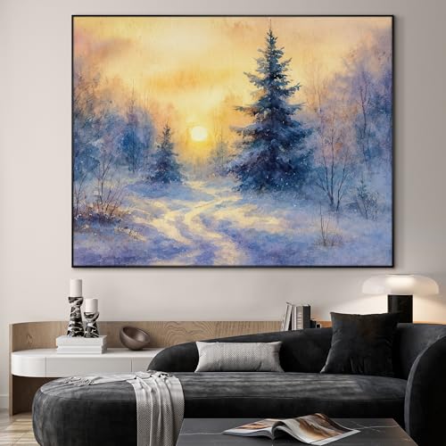 60"x72" Extra Large Framed Wall Art Winter Sunrise in Snowy Pine Forest Watercolor Style for Home Living Room Bedroom Decor