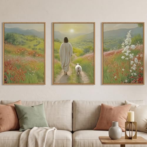 Large Jesus and Lamb Christian Framed Canvas Wall Art