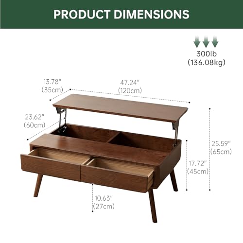 Solid Oak Wood Lift Top Coffee Table for Living Room