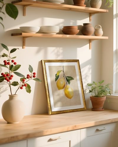 Gold Bamboo Framed Vintage Lemon Wall Art Botanical Artwork 11x14In
