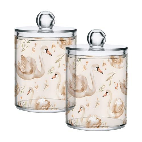 2 Pack Qtip Holder Organizer Dispenser Swans and Grass Bathroom Storage Canister Cotton Ball Holder Container for Cotton Pads (2 Count)