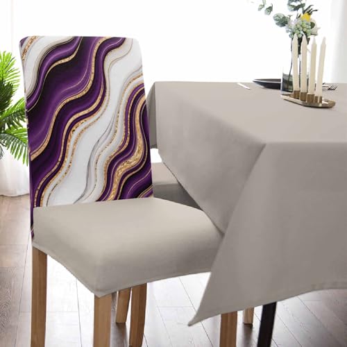 6 Pcs Dining Chair Covers Stretch Spandex Slipcovers Purple Marble Gold Inlay Removable Washable Dining Room Seat Cover Cushion Protector for Home Hotel Banquet Decor Abstract Geometric Stripes (4 Count)
