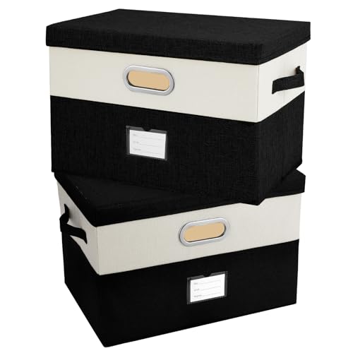 Large Linen Fabric Foldable Storage Bins with Removable Lid and Handles (2 Count)